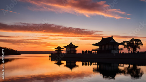 sunset over the lake and landmark