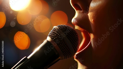 a woman singing into a microphone with bright lights in the background at night time