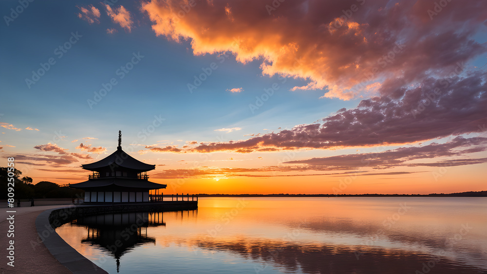 sunset over the lake and landmark sunset over the lake and landmark