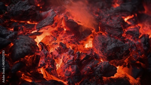 Intense Close-Up of Red Hot Coals in a Fireplace or Campfire