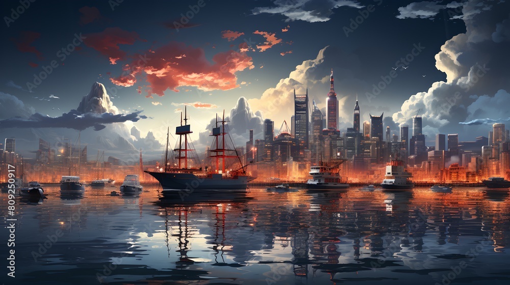 a painting of a city with a boat in the water and a sunset in the background with clouds and a red sky.. a painting of a city with a boat in the water and a sunset in the background with clouds and a red sky..