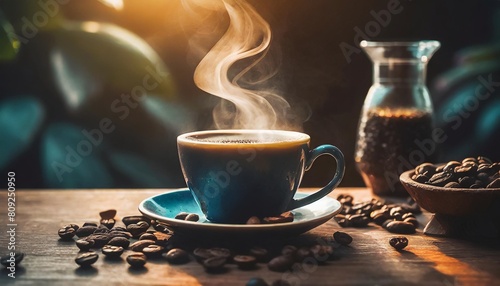 a coffee cup with steam rising from it and a few coffee beans on the table