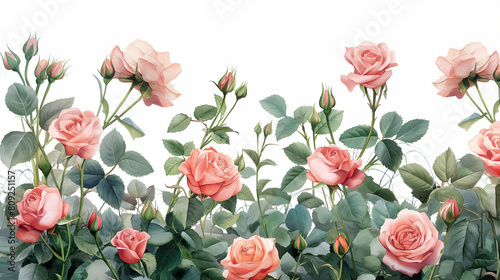 A row of pink roses with green leaves