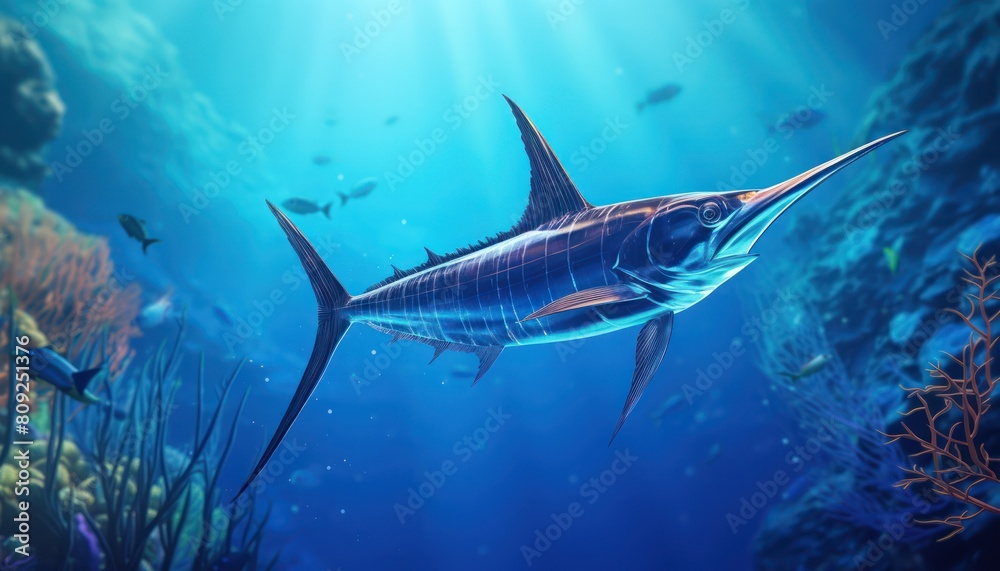 Fototapeta premium Giant Marlin fish in the ocean, beautiful view of marlin fish in the blue ocean
