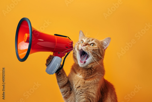photo of ginger cat holding megaphone and shouting, funny animal concept 