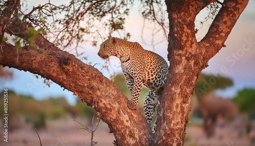 leopard panthera pardus climbing in a tree in the late afternoon in mashatu game reserve in the tuli block in botswana photo