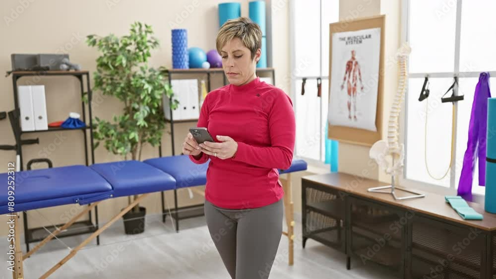 Woman therapist using smartphone in a well-equipped rehabilitation clinic room Woman therapist using smartphone in a well-equipped rehabilitation clinic room