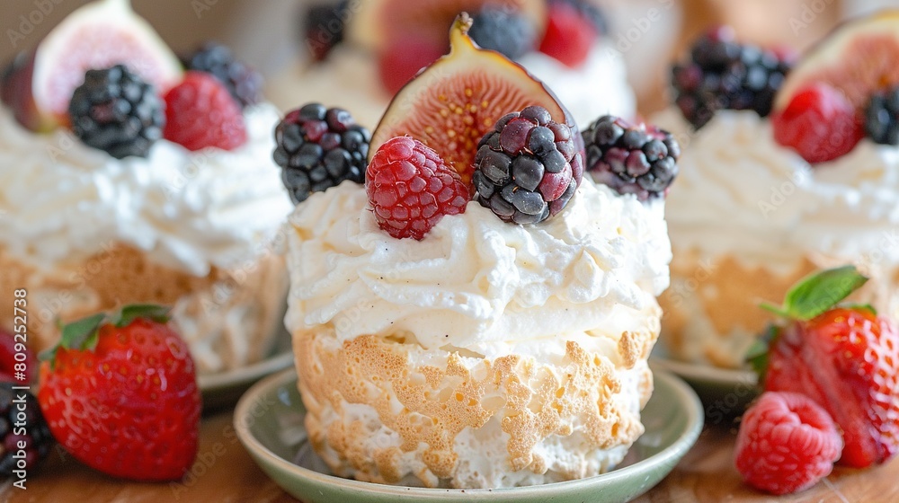A macro shot of a cake with strawberries and raspberries arranged on top A macro shot of a cake with strawberries and raspberries arranged on top