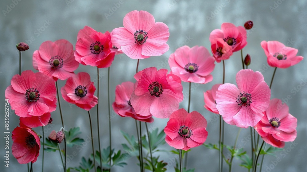 A bouquet of pink flowers in a vase on a table near a gray wall and another wall beside it A bouquet of pink flowers in a vase on a table near a gray wall and another wall beside it