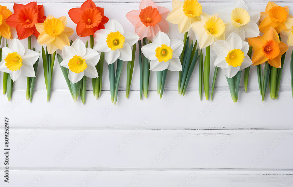 colorful narcissus flowers on white wooden table top view colorful narcissus flowers on white wooden table top view
