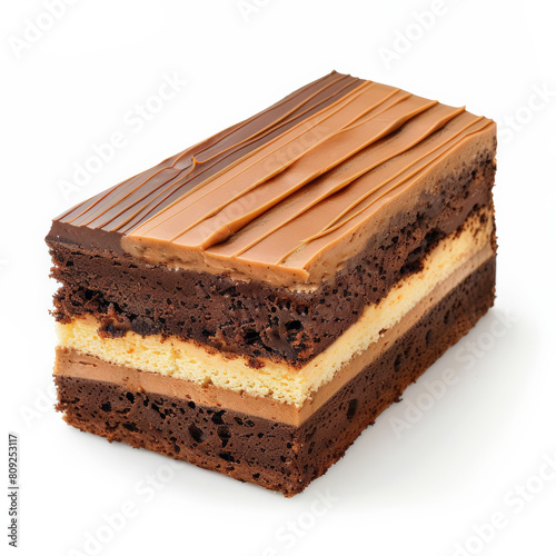 A decadent opera cake slice with visible layers, isolated on a white background 