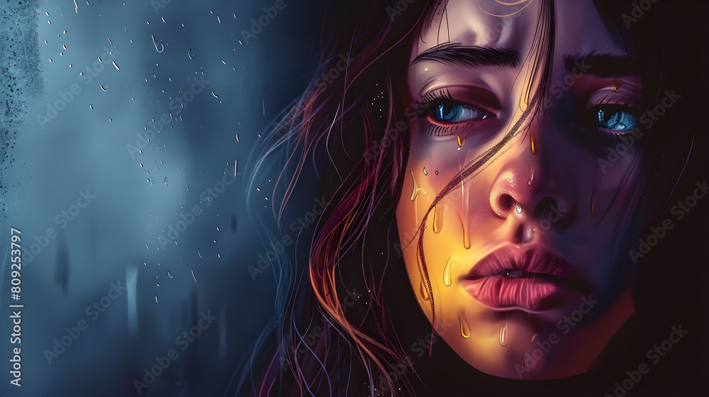 Close-up of a woman in tears, with a melancholic atmosphere and raindrops on a window, suggesting themes of mental health and sadness. Close-up of a woman in tears, with a melancholic atmosphere and raindrops on a window, suggesting themes of mental health and sadness.