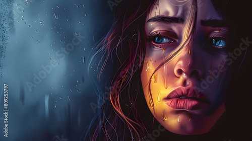Close-up of a woman in tears, with a melancholic atmosphere and raindrops on a window, suggesting themes of mental health and sadness.