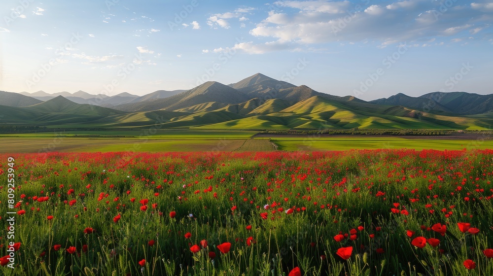 a red poppy field bathed in the warm glow of sunset, set against a picturesque summer landscape of lush green grass and a vibrant blue sky adorned with fluffy clouds