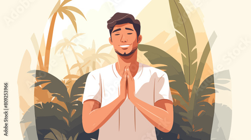 Praying young happy man putting palms together. Tra photo