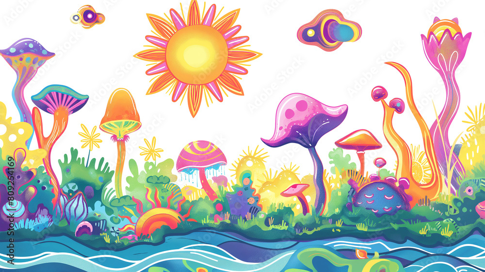 Colorful Psychedelic Scene with Sun and Whimsical nature elements isolated on a transparent background