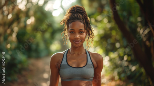 A woman wearing a sports bra top walking down a trail in a natural outdoor setting.