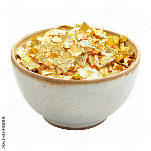 A bowl of edible gold leaf flakes, isolated on a white background 