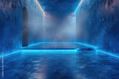 An empty underground blue room with bare walls and lighting with empty space