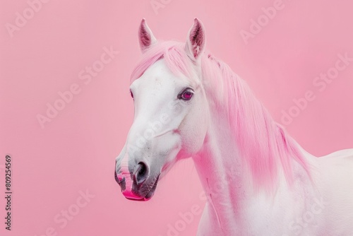 White horse with a pink mane on a pink background. place for text. animal. Year of the Horse. Portrait. Magical. Fulfillment of desires