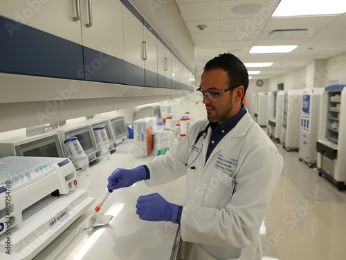 A man in a white lab coat is working in a lab. He is wearing gloves and is holding a syringe
