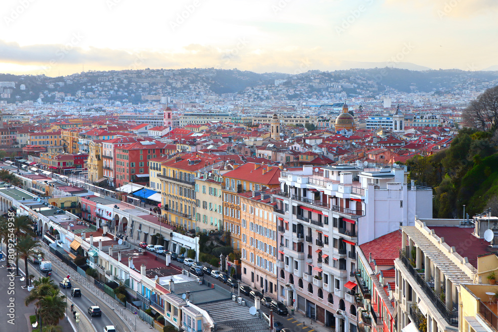  Panorama of Nice city at sunset, France