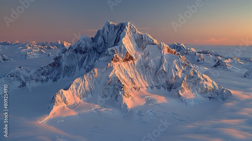  A towering snow-capped peak bathed in azure and lavender skies, with the golden sun illuminating its summit photo