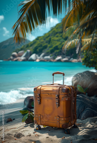 Vintage suitcase stands on the tropical beach. Travel and active lifestyle concept © Анна Терелюк