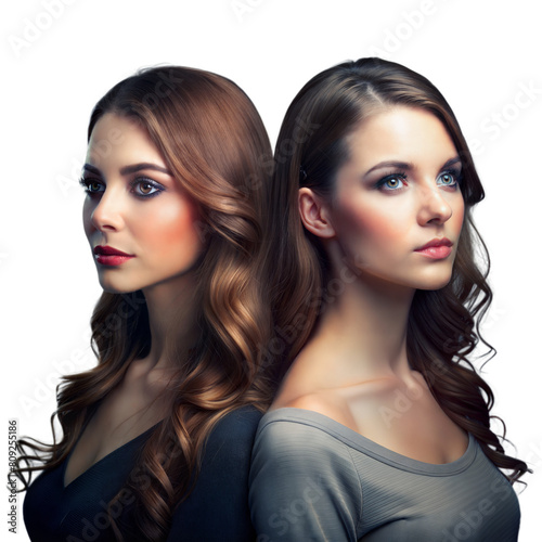 Two Women With Elegantly Styled Hair and Natural Makeup Posing Back to Back