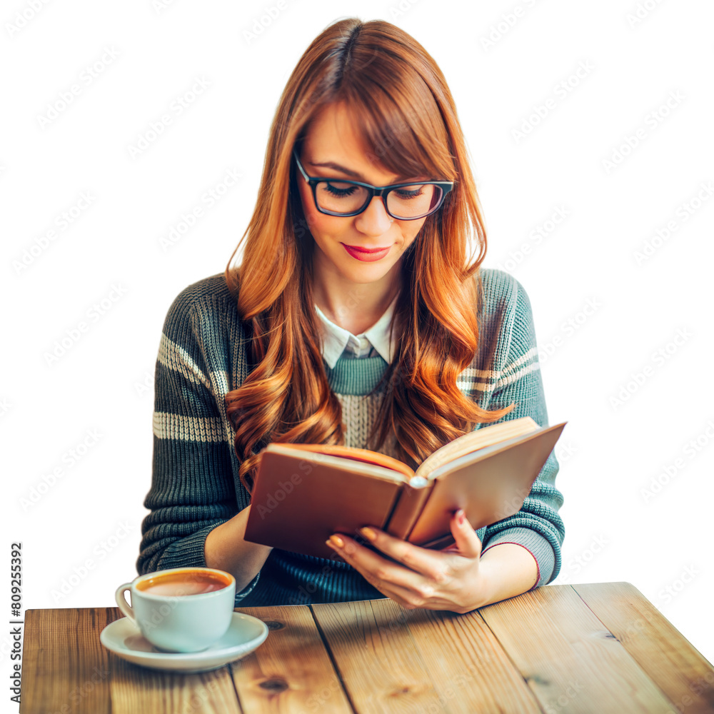 Young Woman Reading a Book at a Wooden Table With a Cup of Coffee Young Woman Reading a Book at a Wooden Table With a Cup of Coffee