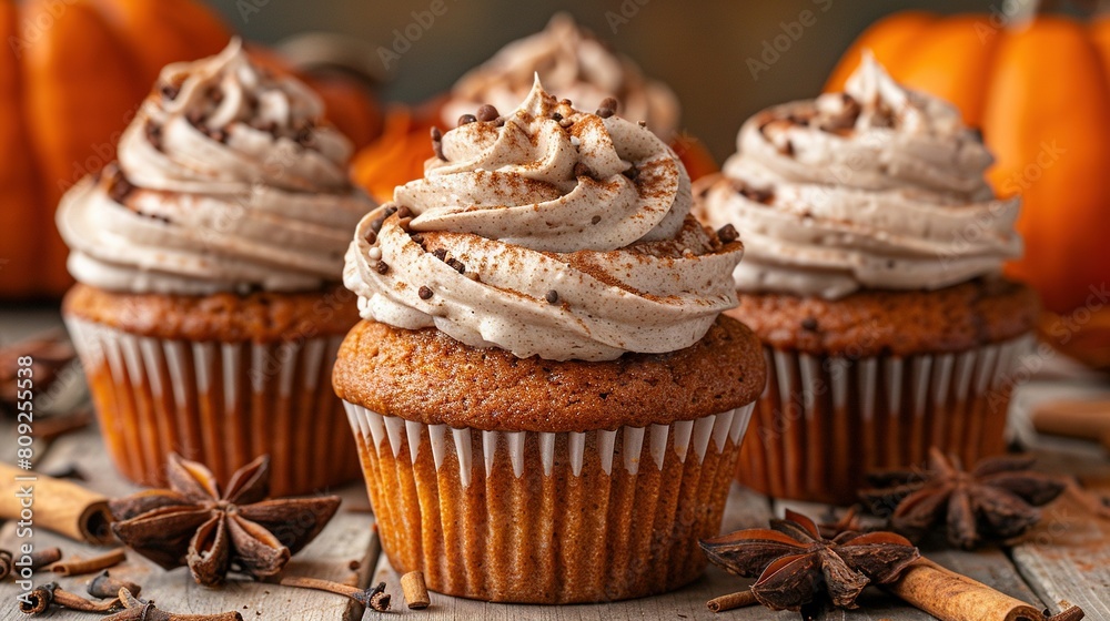 A group of cupcakes sits atop a wooden table, accompanied by cinnamon sticks and star anise A group of cupcakes sits atop a wooden table, accompanied by cinnamon sticks and star anise