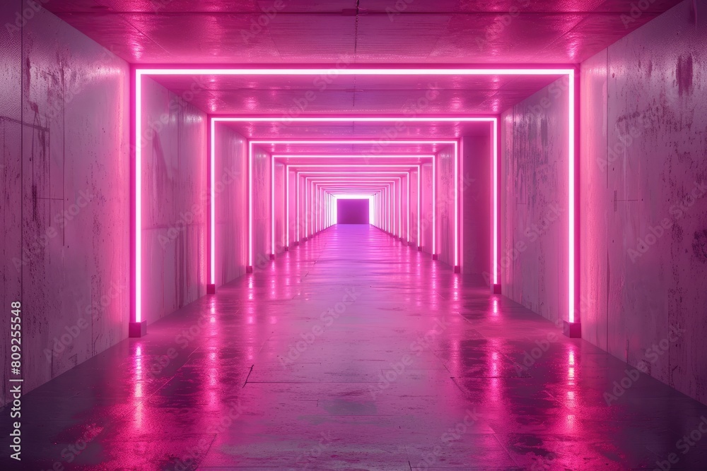 An empty underground pink room like tunnel with bare walls and lighting metro