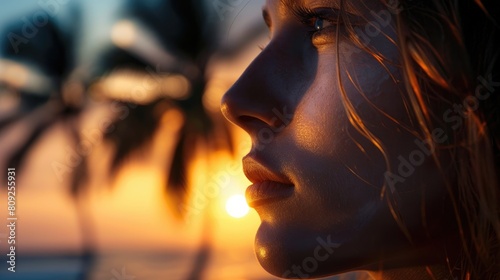 The silhouette of a womans face against a colorful sunset with palm trees and a beautiful natural landscape. Her gesture exudes happiness and peace as the heat of the day gives way to darkness AIG50