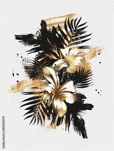 A painting featuring colorful flowers against a plain white background, with hues of gold and black