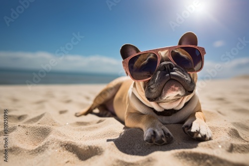 Canine Summer Vacation. Bulldog Chilling on Coastal Sands. Generative AI © Svetlana