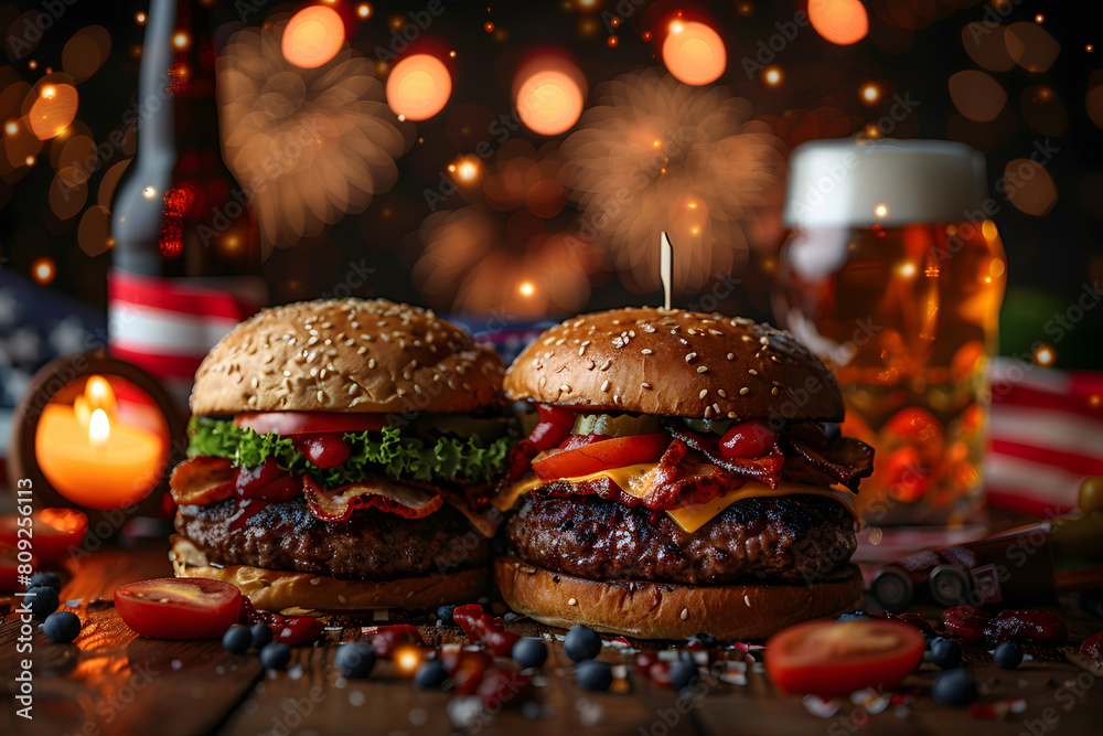 Burgers on a wooden board in pub, barbecue with American flag, beer and fireworks in the background. 4 July independence day celebration happy hours and sales.