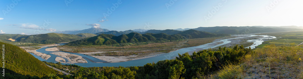 Albania Vjosa wild river beautiful panoramic view in summertime Albania Vjosa wild river beautiful panoramic view in summertime