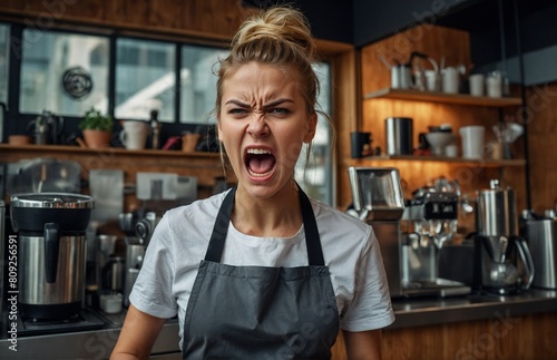 Coffee shop barista yelling in anger