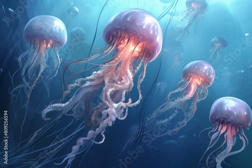 Majestic Jellyfish Floating Serenely In The Aquatic Depths Illuminated By Light. Generative AI