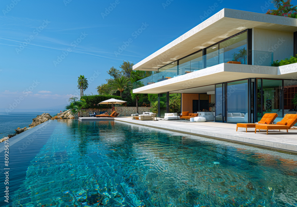 Modern house with pool sea view from the terrace