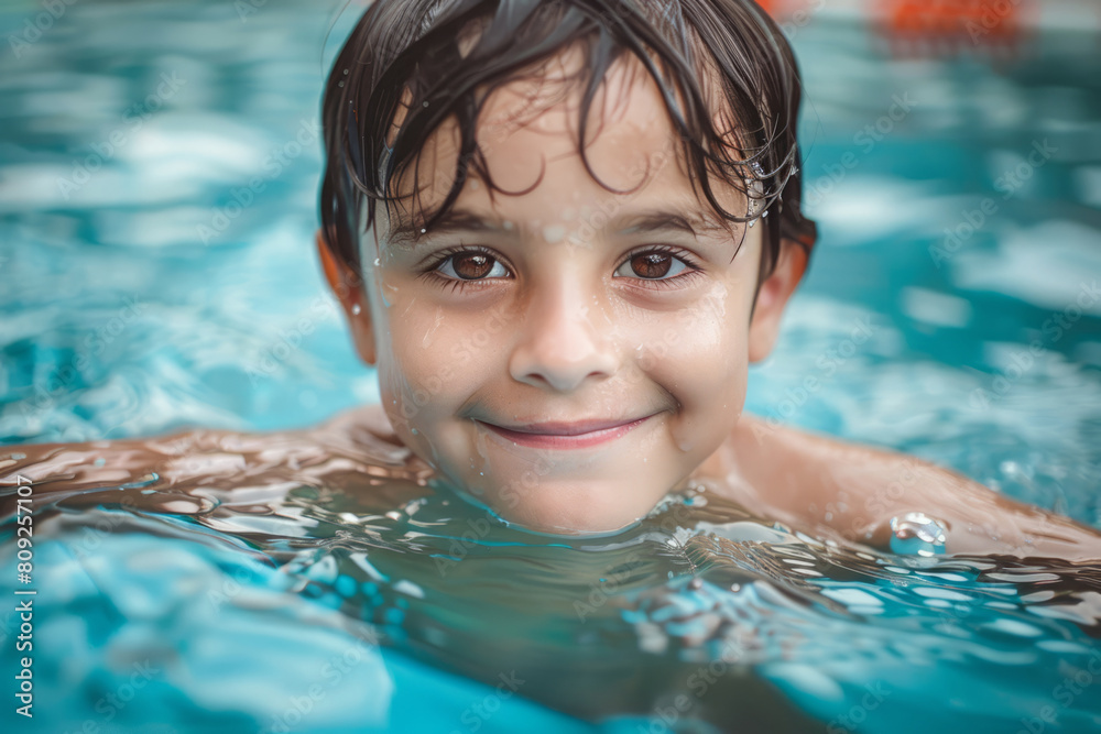 Smiling child boy in the swimming pool. Children swimming and playing in water Smiling child boy in the swimming pool. Children swimming and playing in water