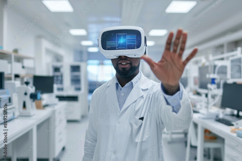 Laboratory engineer wearing professional virtual reality headset works Laboratory engineer wearing professional virtual reality headset works