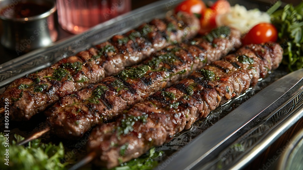 A close-up photo of a platter with skewered meat and vegetables A close-up photo of a platter with skewered meat and vegetables