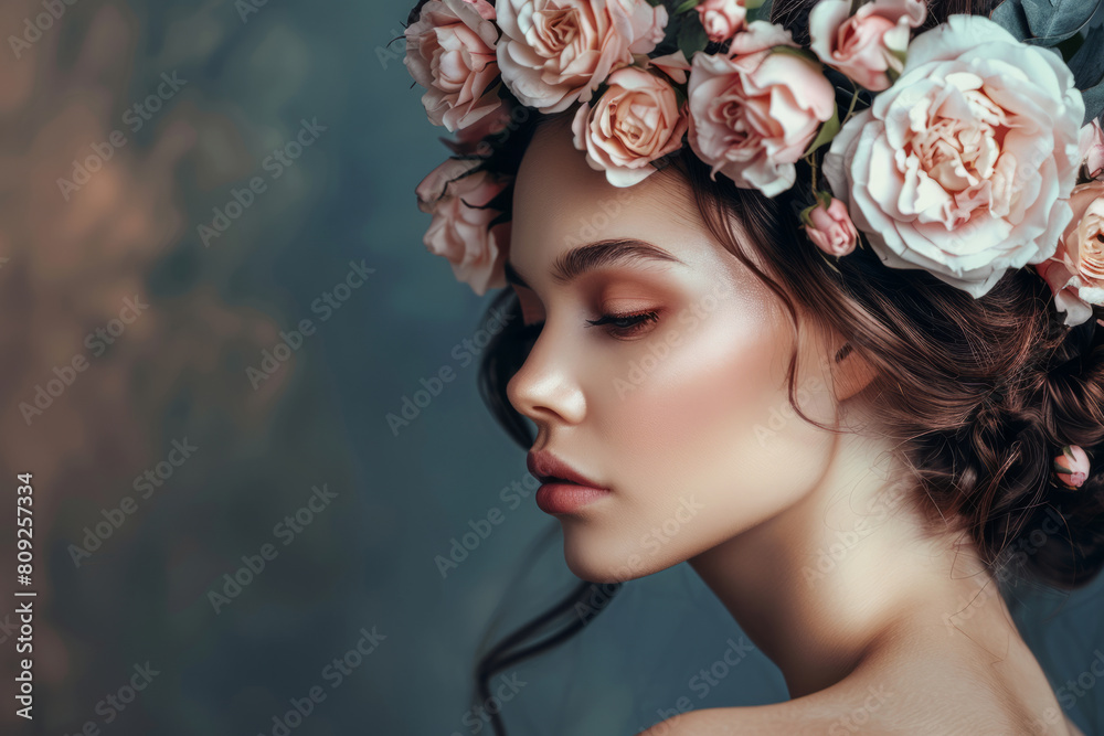 Handsome woman with flower decoration in hair Handsome woman with flower decoration in hair