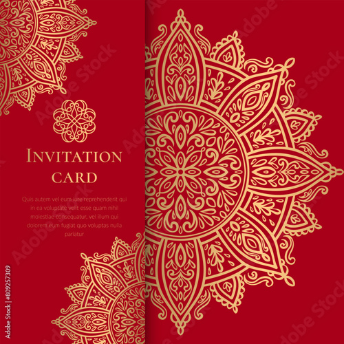 Red and gold luxury invitation card design with vector mandala pattern. Vintage ornament template. Can be used for background and wallpaper. Elegant and classic vector elements great for decoration.