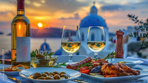 Fototapeta Naklejka Na Ścianę i Meble -  a meal set against the breathtaking backdrop, featuring wine, olive oil, and olives adorning the table, creating a scene of Mediterranean charm and allure.