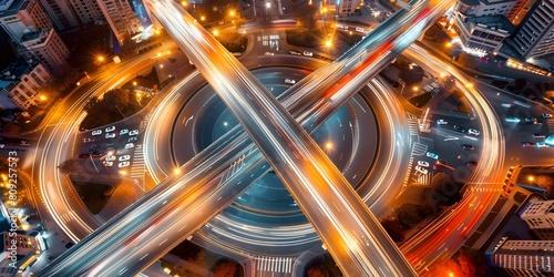 Aerial view of a city roundabout with cars at night. Concept Cityscape, Aerial View, Night Scene, Roundabout, Car Trails