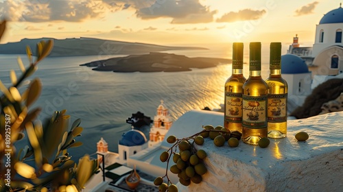 Fototapeta Naklejka Na Ścianę i Meble -  a meal set against the breathtaking backdrop, featuring wine, olive oil, and olives adorning the table, creating a scene of Mediterranean charm and allure.