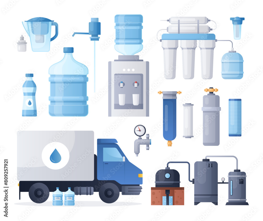 Water purification. Vector set of water delivery bottles, truck, system of filters valve, tanks and pipes, aqua mineral filtration, household equipment. Business logistic industry. Delivery service Water purification. Vector set of water delivery bottles, truck, system of filters valve, tanks and pipes, aqua mineral filtration, household equipment. Business logistic industry. Delivery service