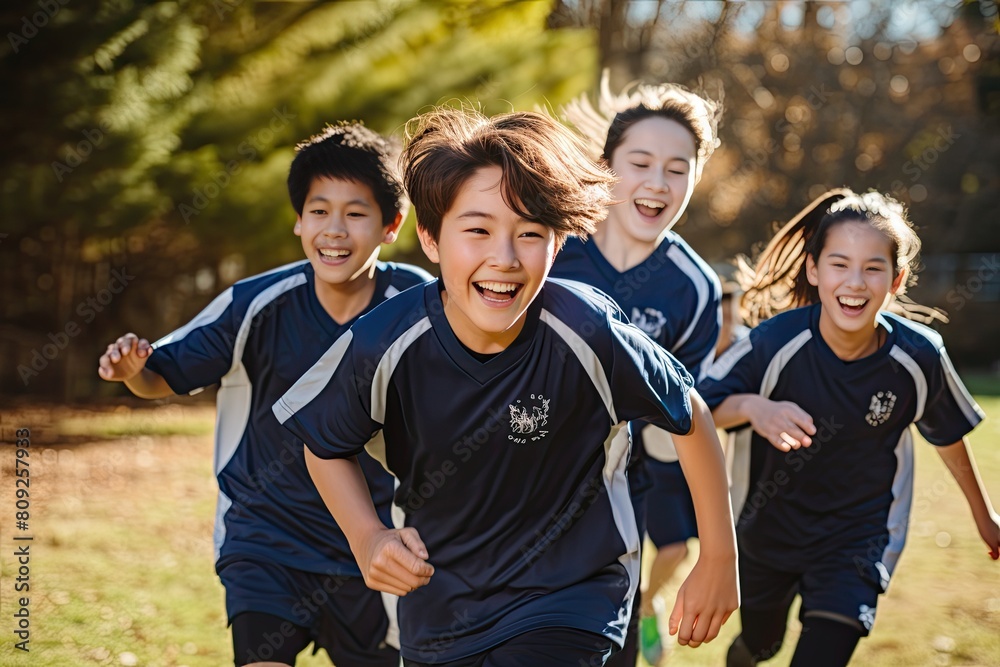 Naklejka premium Middle school asian students happily playing soccer outside at sunny day.